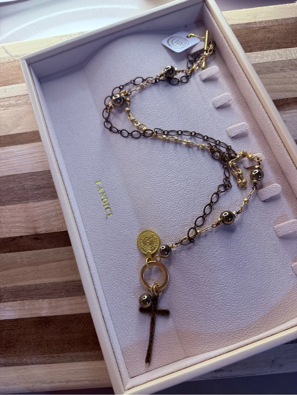 Layered Gold and Gunmetal Chain Necklace with Cross Charm